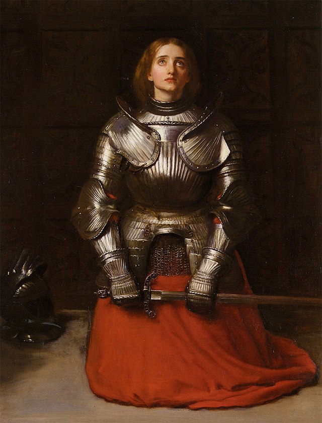 Ölgemälde von Joan of Arc in Rüstung und rotem Rock, John Everett Millais, 1865