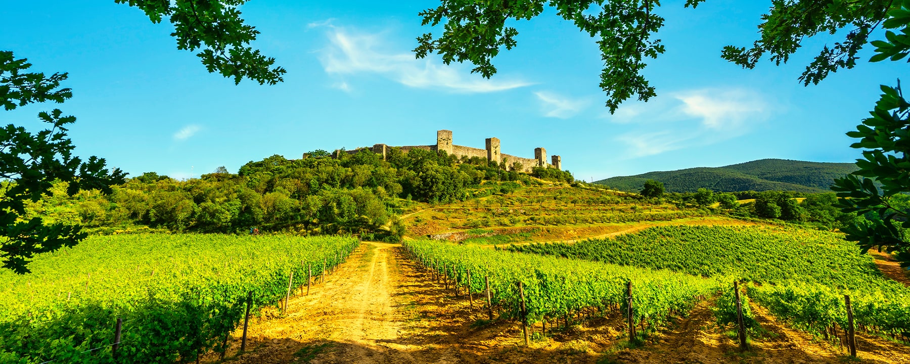 Monteriggioni liegt im Herzen der Toskana, zwischen Siena und San Gimignano, und bietet einen weiten Blick über die sanften Weinberge und Olivenhaine